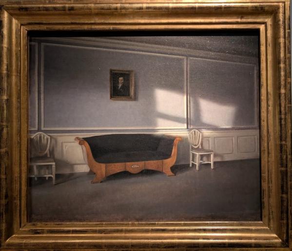 Exposition du musée Thyssen-Bornemisza consacrée au peintre Vilhelm Hammershøi Tableau avec cadre doré de Vilhelm Hammershøi Vue sur Intérieur, appartement Copenhague