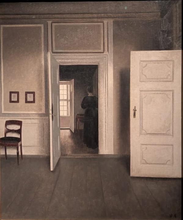 Exposition du musée Thyssen-Bornemisza consacrée au peintre V. Hammershøi Tableau Vilhelm Hammershøi Vue sur Intérieur, appartement Copenhague avec porte