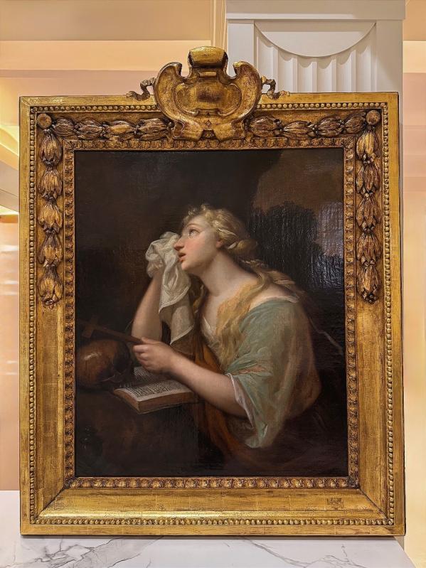 Huile sur toile de Sainte Marie-Madeleine pénitente avec son cadre doré Huile sur toile de Sainte Marie-Madeleine pénitente avec son cadre doré